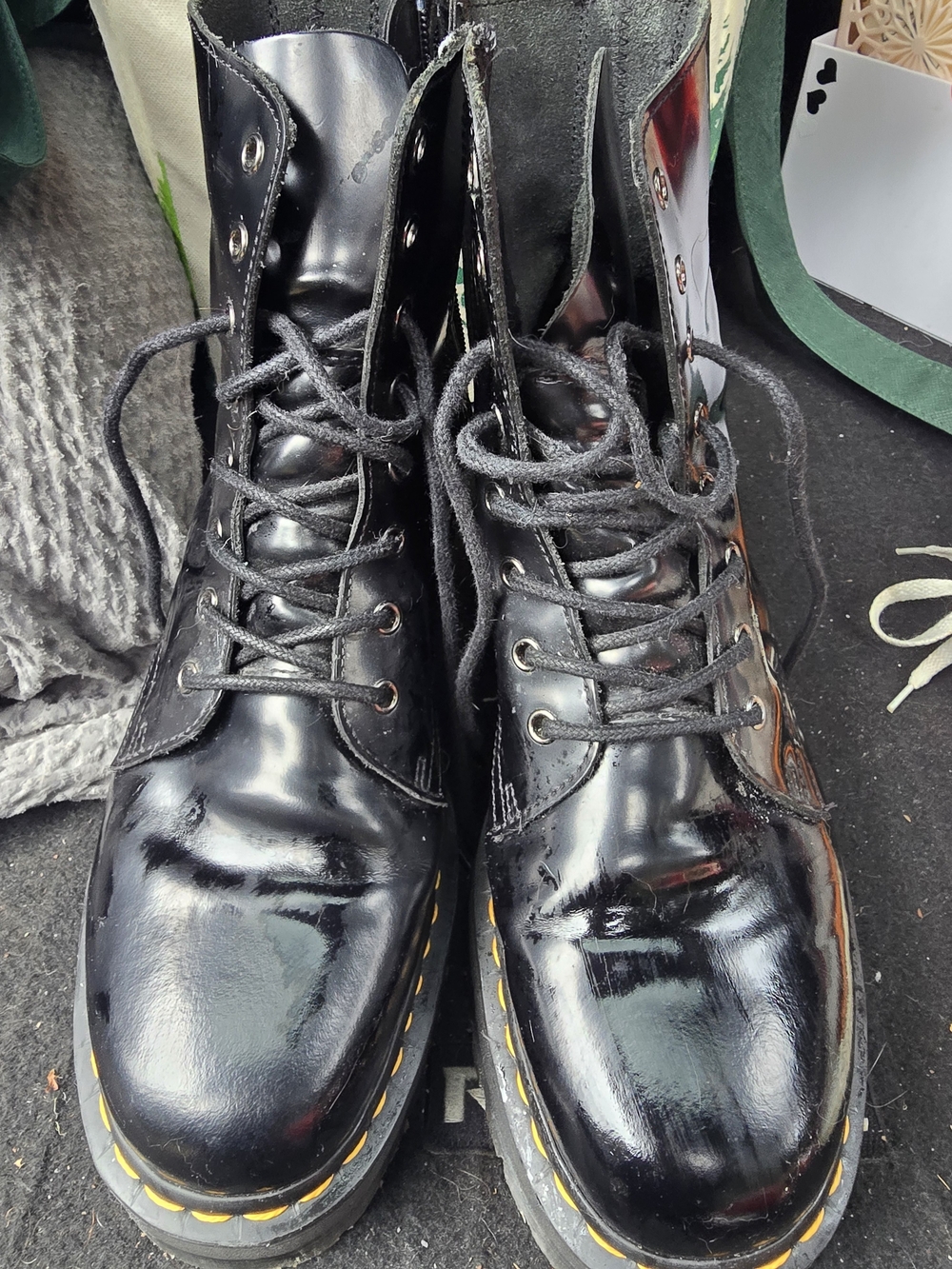 Dr. Martens Black Patent Lace-Up Combat Boots with Yellow Welt Stitching